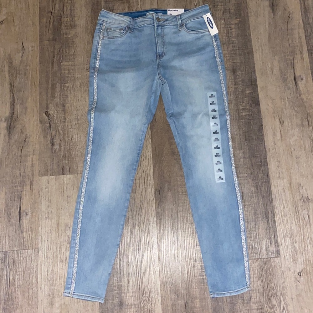light wash size 10 skinny jeans with sparkly stripe